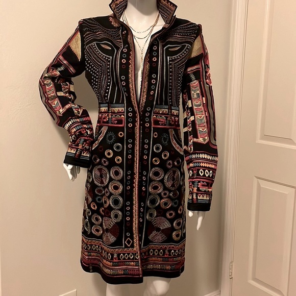 Two Ten Ten Five Jackets & Blazers - Embroidered Black Patterned Long Trench Coat